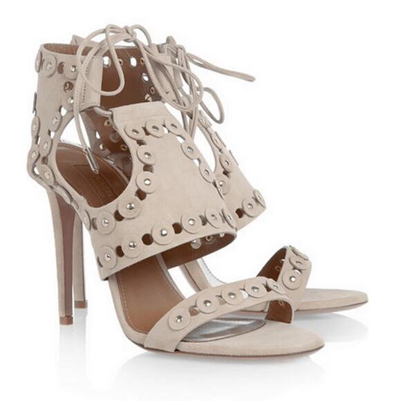 Aquazzura Shoes - C0 Auth AQUAZZURA Neutral Suede Studded Vamp Straps Lace Up Sandal Heels Sz 38.5